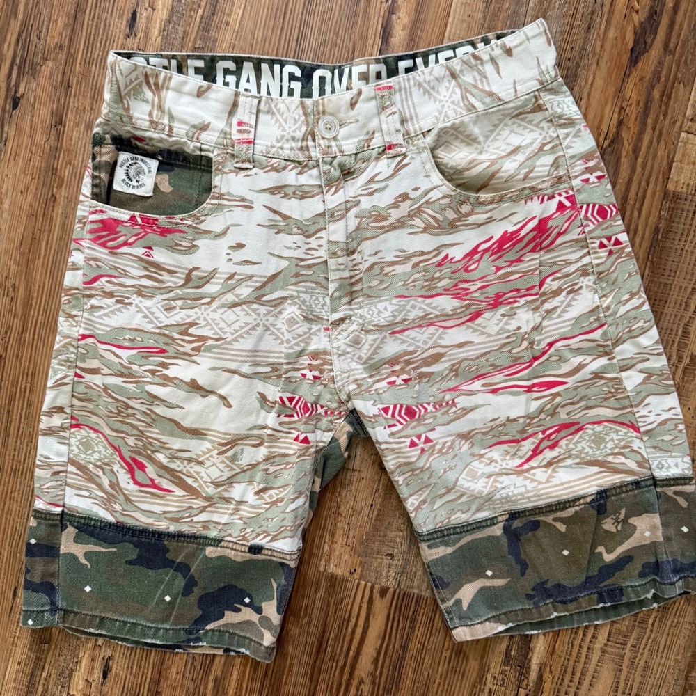 Hustle Gang Shorts Mens‎ 32 Tan Camo Tribal Print Streetwear Retro Skater Cotton